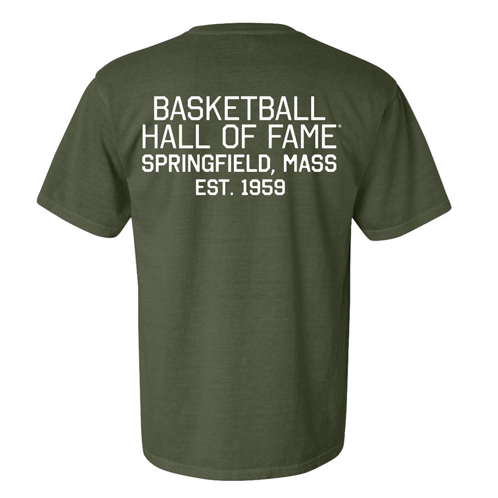 The Basketball Hall of Fame Buckets and Dimes T-Shirt is a green tee with "BASKETBALL HALL OF FAME SPRINGFIELD, MASS EST. 1959" in white text on the back—ideal for fans or anyone wanting a custom basketball shirt.