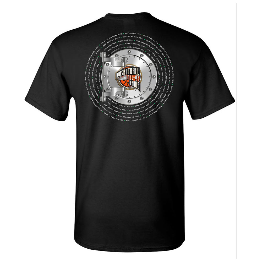 The Basketball Hall of Fame Celtics Vault T-Shirt features a large circular vault door graphic with the iconic logo centered and white text encircling it on the back—perfect apparel for basketball fans.