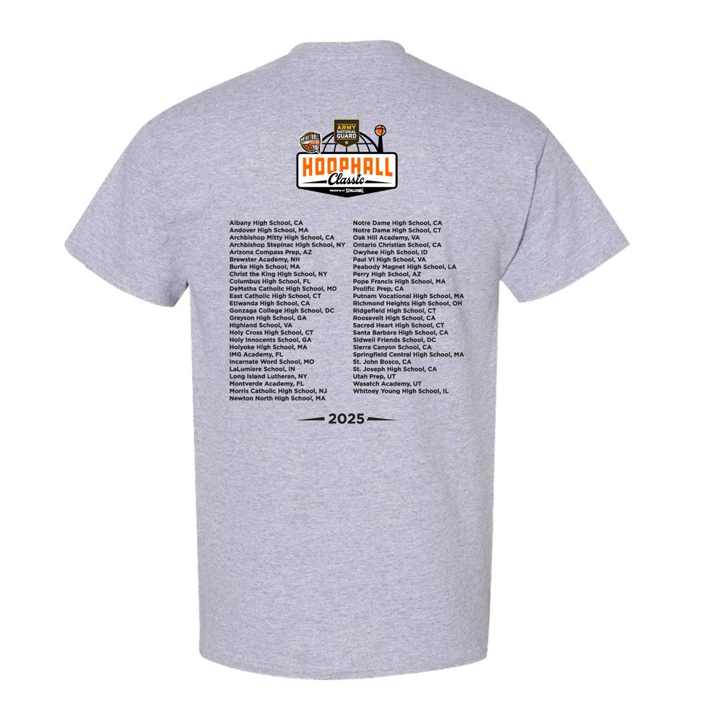 The 2025 Hoophall Classic T-Shirt is a gray tee with the Naismith Basketball Hall of Fame logo on the upper back, a list of high school names and cities, and “2025” at the bottom—a must-have for basketball fans.
