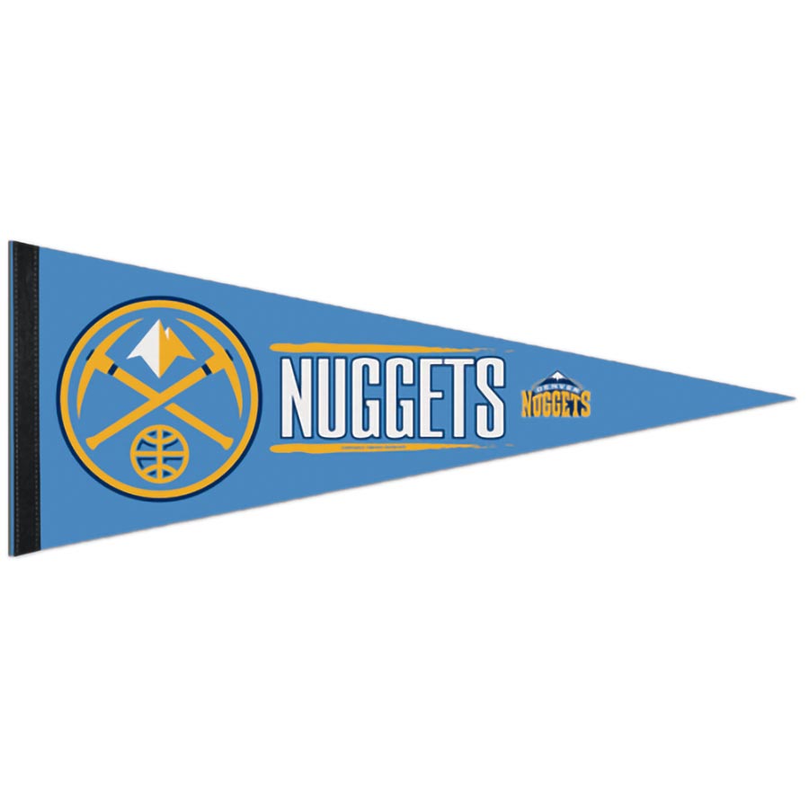Show your team pride with a blue Basketball Sport Teams Pennant Flag featuring the Denver Nuggets logo—gold pickaxes over a mountain, bold white "Nuggets" text, and a small right-side logo, making it an ideal collectible for fans.