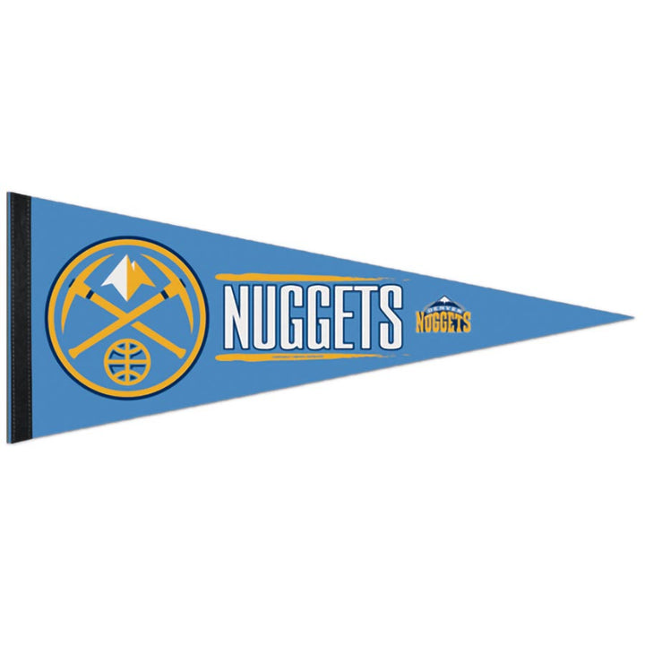 Show your team pride with a blue Basketball Sport Teams Pennant Flag featuring the Denver Nuggets logo—gold pickaxes over a mountain, bold white "Nuggets" text, and a small right-side logo, making it an ideal collectible for fans.