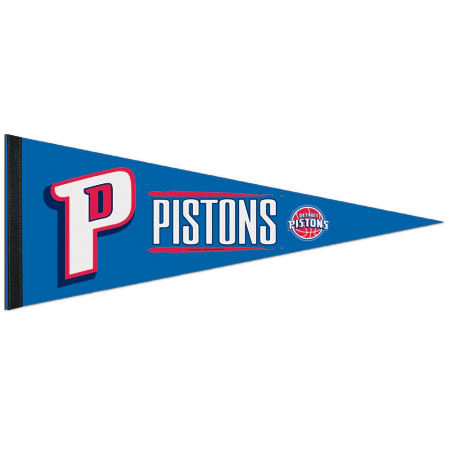 A blue triangular felt Basketball Sport Teams Pennant Flag with a large red and white "P," bold white "PISTONS," and a small Detroit Pistons logo—an officially licensed collectible for fans.