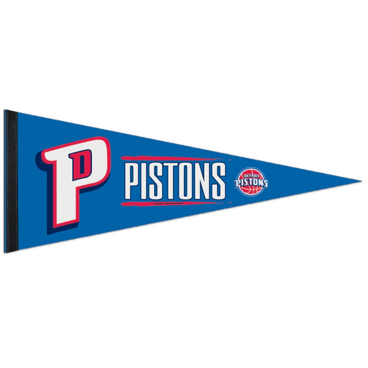 A blue triangular felt Basketball Sport Teams Pennant Flag with a large red and white "P," bold white "PISTONS," and a small Detroit Pistons logo—an officially licensed collectible for fans.