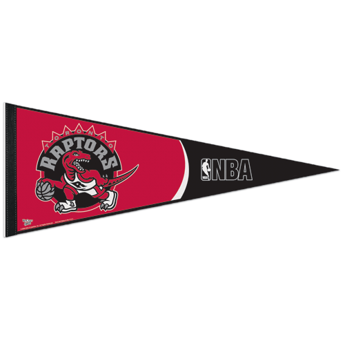 Show your team pride with this Basketball Sport Teams Pennant Flag, featuring the Toronto Raptors logo with a basketball-playing dinosaur on red and the NBA logo on black—an officially licensed collectible for fans.