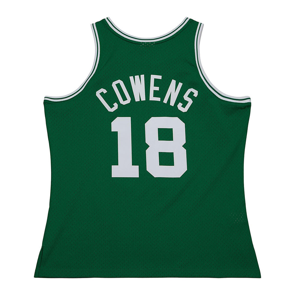 The Swingman Dave Cowens Boston Celtics Dark 1973-74 Jersey features "COWENS" and the number "18" on the back in large white letters and numbers, with white trim.