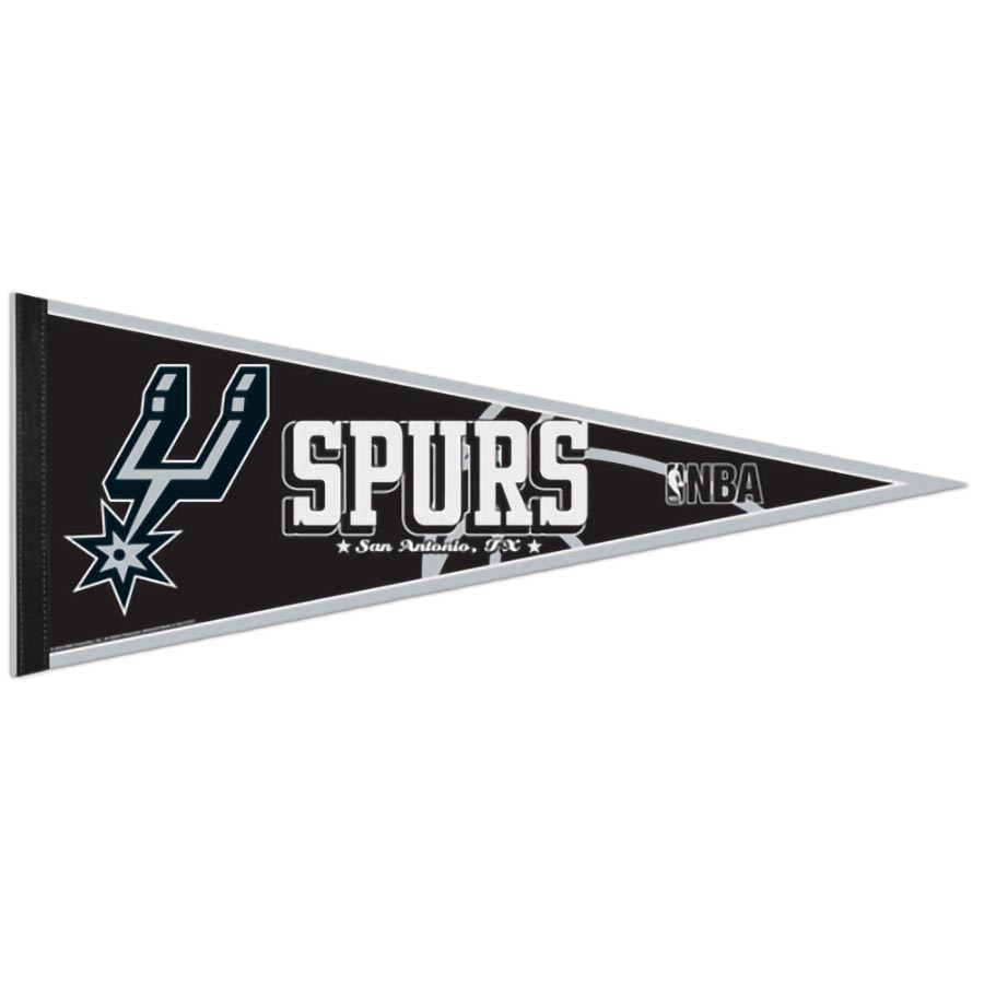 Show your team pride with the Basketball Sport Teams Pennant Flag—black, triangular, featuring the San Antonio Spurs logo, bold white SPURS text, San Antonio, TX below, and the NBA logo on the right side—a must-have for fans.