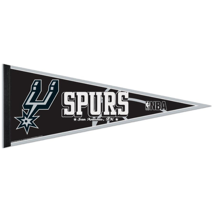 Show your team pride with the Basketball Sport Teams Pennant Flag—black, triangular, featuring the San Antonio Spurs logo, bold white SPURS text, San Antonio, TX below, and the NBA logo on the right side—a must-have for fans.