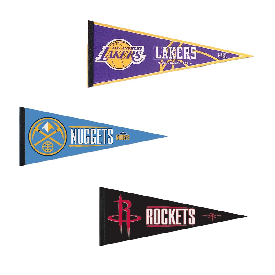 Basketball Sport Teams Pennant Flags: Three triangular licensed pennants—purple/gold for the Lakers, blue/gold for the Nuggets, and black/red for the Rockets—a must-have collectible for fans.