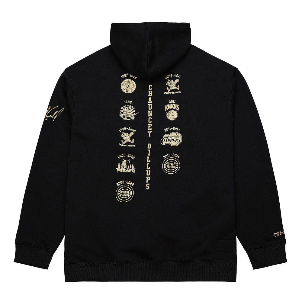 The Basketball Hall of Fame Chauncey Billups Hooded Sweatshirt is a black hoodie with gold text and team logos on the back, listing Billups’ name and career teams—ideal commemorative apparel for basketball memorabilia collectors.