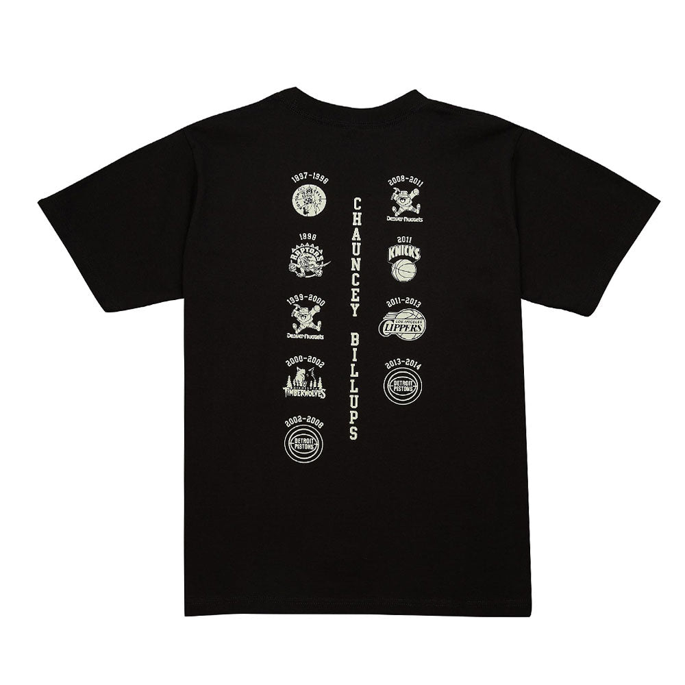 The Basketball Hall of Fame Chauncey Billups T-Shirt is black, features nine team logos and years in two columns with "Chauncey Billups" between them—a commemorative NBA shirt celebrating his legendary career.