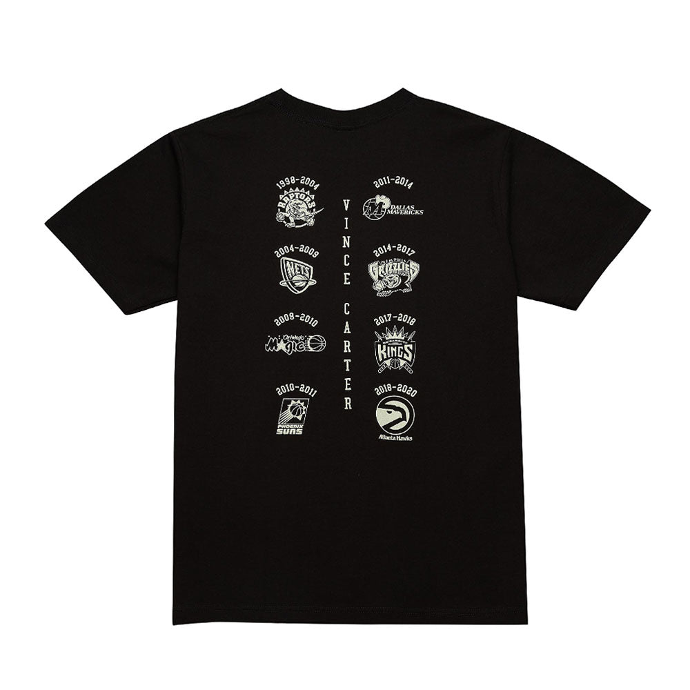 The Basketball Hall of Fame Vince Carter T-Shirt is a limited-edition black tee featuring his name and the white logos of all NBA teams he played for, including years—a fitting tribute to this legendary player.