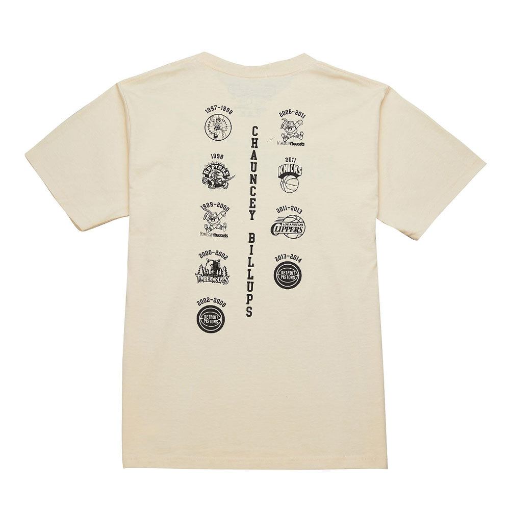 Cream-colored Basketball Hall of Fame Chauncey Billups T-Shirt with his name vertically and logos plus years of teams he played for in two columns on the back.